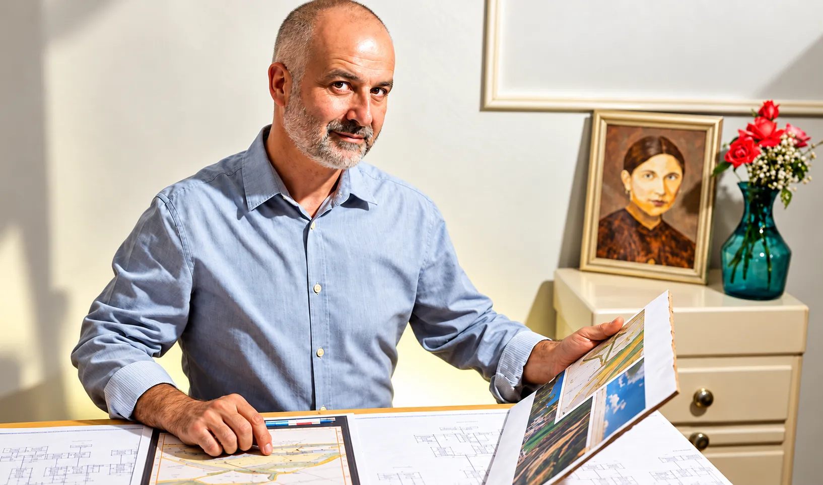 Portrait of Iuri Silvestri at his desk with family charts and archival photographs.